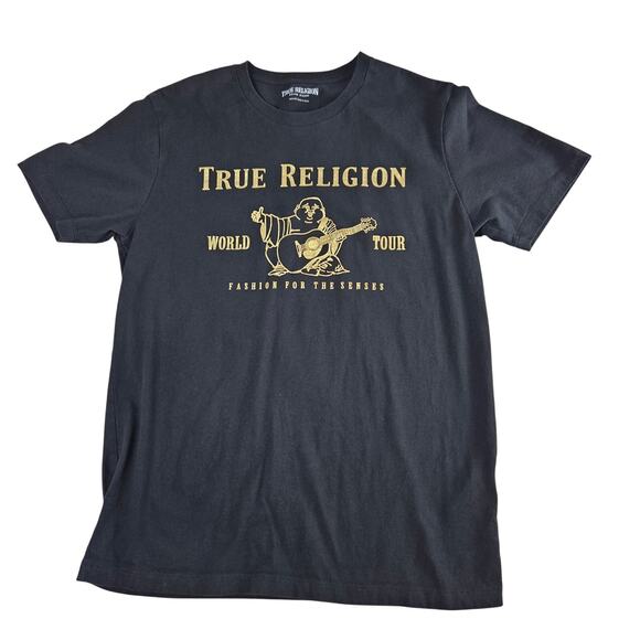 True Religion Black & Gold Buddha World Tour Tee Mens Sz Medium Street wear - Picture 1 of 6